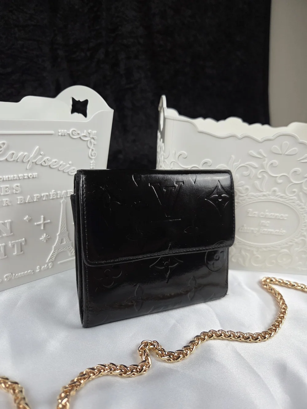 Louis Vuitton Vernis Compact Wallet Black Refurbished Custom Dyed TH0044